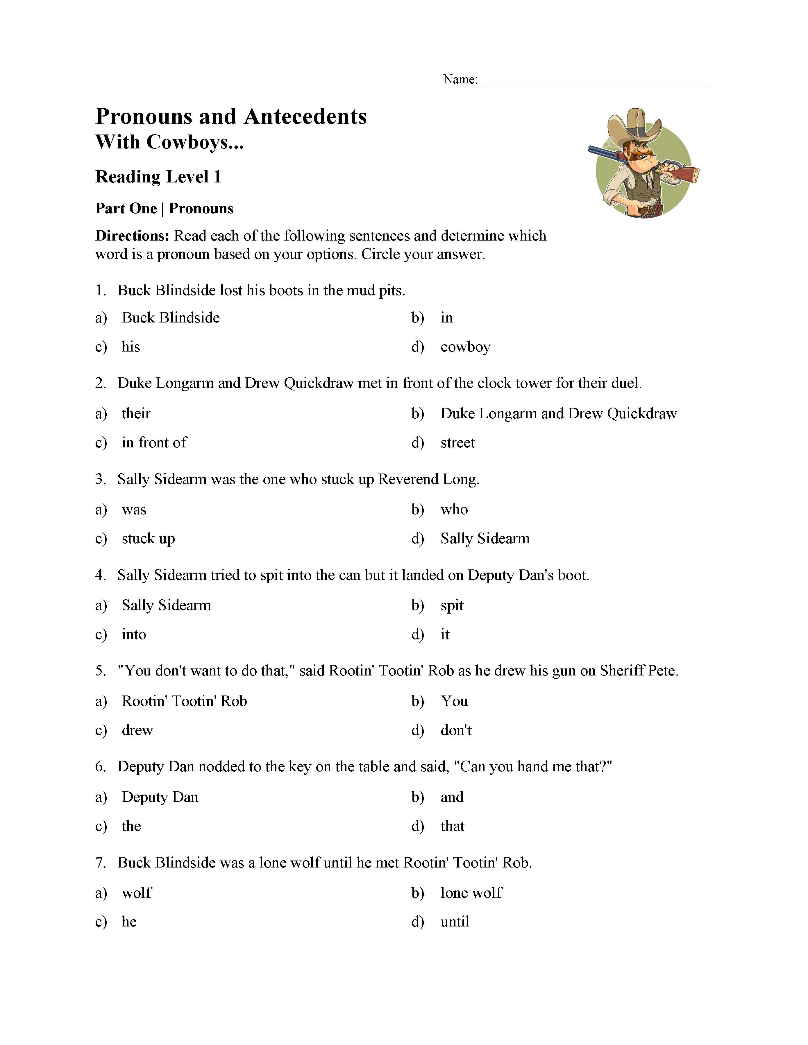 Pronouns Worksheets 5th Grade Pronoun and Antecedent Test with Cowboys