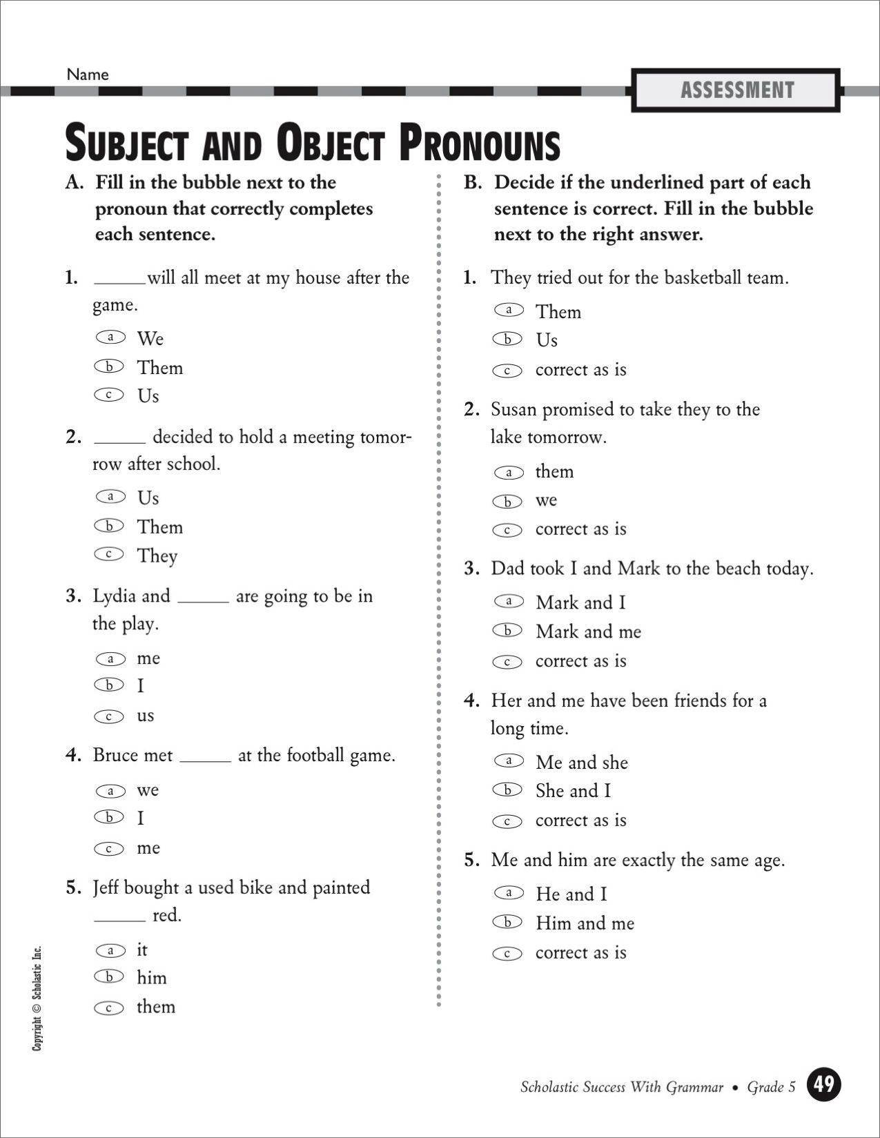 Pronouns Worksheets 5th Grade Subject and Object Pronouns Grade 5 Printables