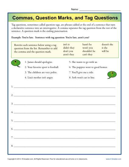Punctuation Worksheets 5th Grade Mas Question Marks and Tag Questions