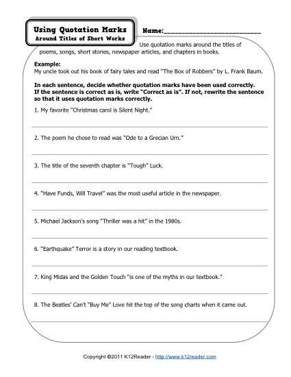 Punctuation Worksheets 5th Grade Quotation Marks Free Printable Punctuation Worksheets First