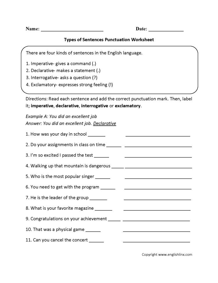Punctuation Worksheets 5th Grade Types Of Sentences with Punctuation Worksheet