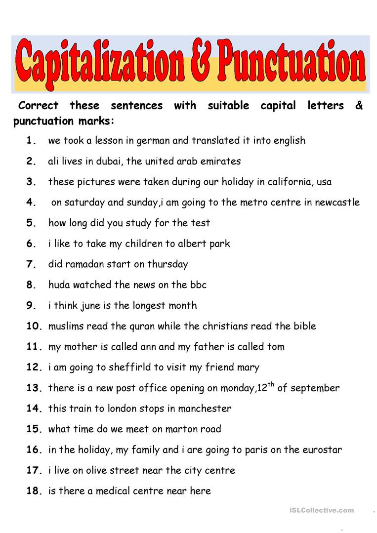 Punctuation Worksheets for Kindergarten Capitalization &amp; Punctuation English Esl Worksheets for