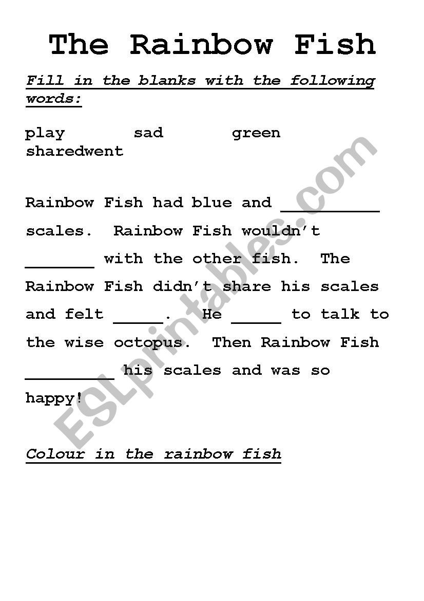 Rainbow Fish Printable Worksheets Rainbow Fish Cloze Activity Esl Worksheet by Dlj3337