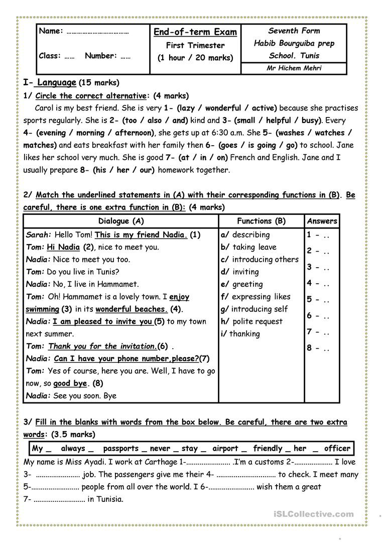 Reading Comprehension 7th Grade Worksheet End Of Term Exam N1 8th Grade 7th Grade English Esl
