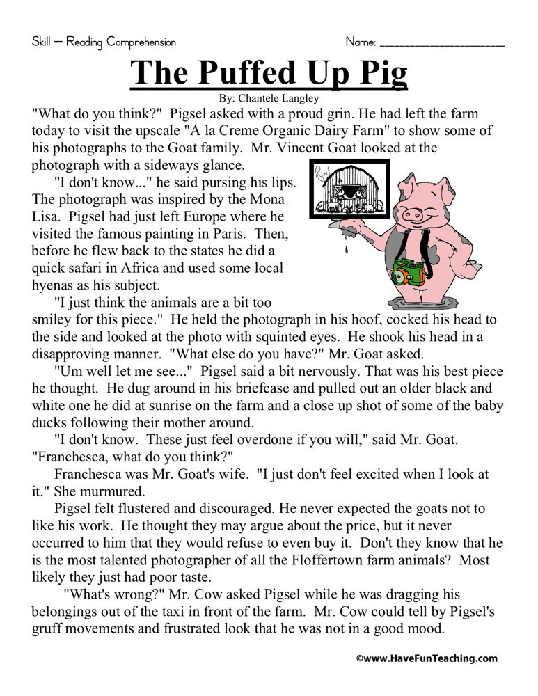 Reading Worksheets 5th Grade Reading Prehension Worksheet the Puffed Up Pig