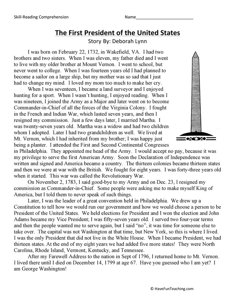 Reading Worksheets 5th Grade the First President Of the United States Reading Prehension Worksheet