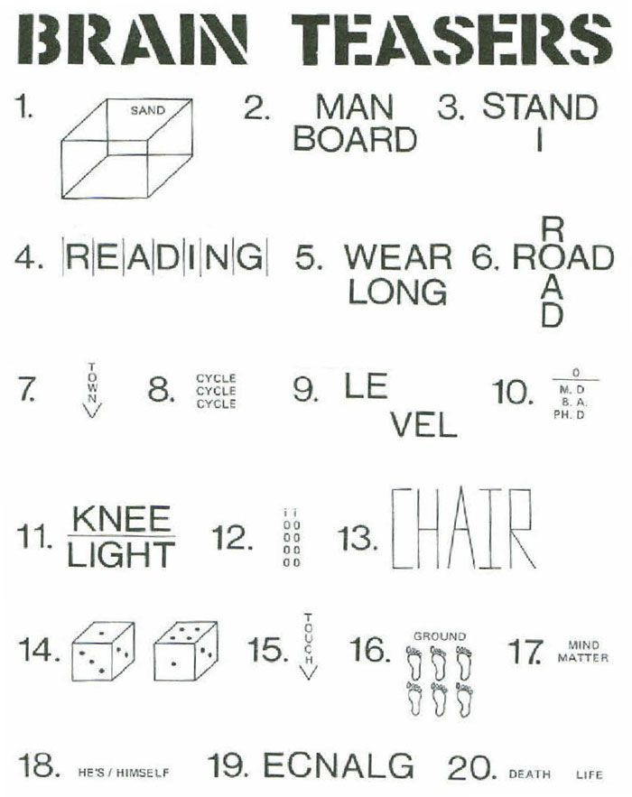 Rebus Brain Teasers Printable 1= Sandbox 3= I Understand 4= Reading Between the Lines 6