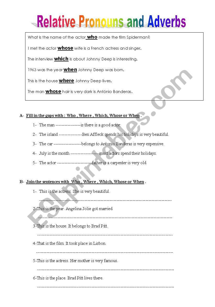 Relative Adverbs Worksheet 4th Grade Relative Pronouns and Adverbs Esl Worksheet by