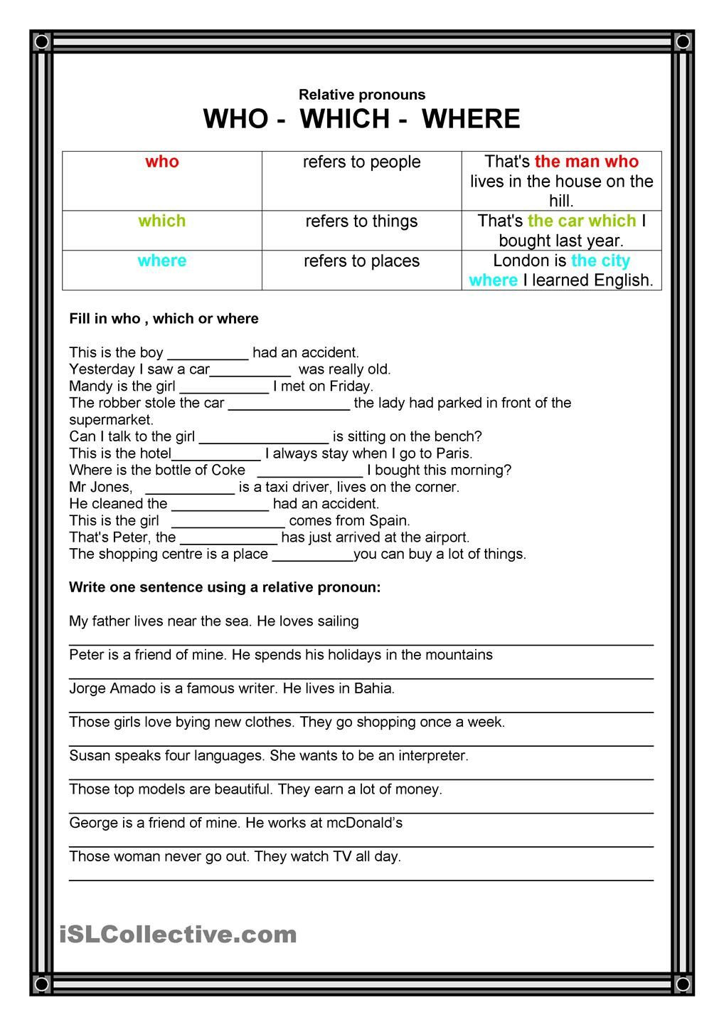 Relative Adverbs Worksheet 4th Grade Relative Pronouns who which where