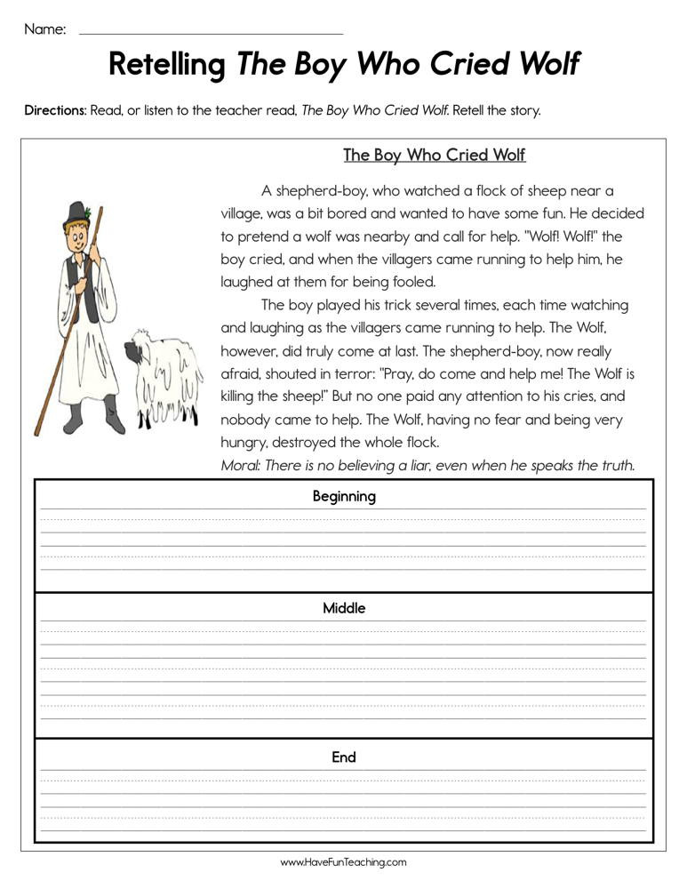 Retell Worksheet First Grade Retelling the Boy who Cried Wolf Worksheet