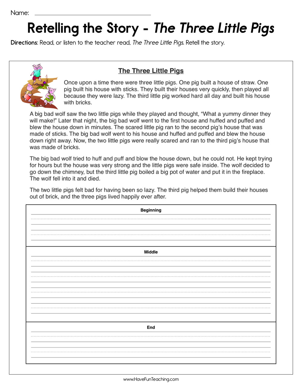 Retell Worksheet First Grade Retelling the Story the Three Little Pigs Worksheet
