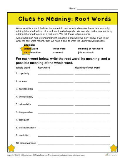 Root Words Worksheet 5th Grade Clues to Meaning