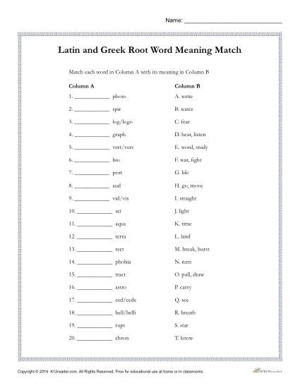 Root Words Worksheets 4th Grade Greek and Latin Root Words Worksheets