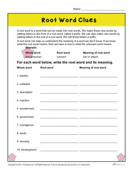 Root Words Worksheets 4th Grade Root Word Clues