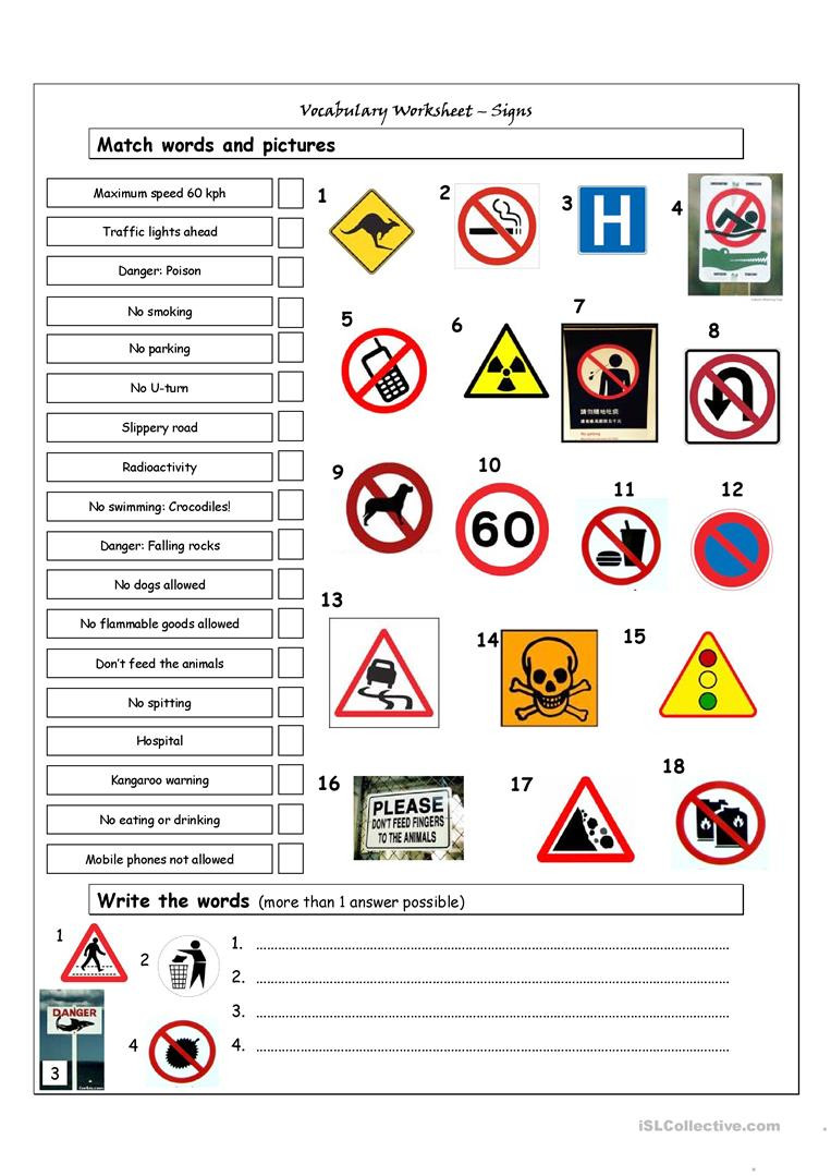 Safety Signs Worksheets for Kindergarten English Esl Signs Worksheets Most Ed 67 Results