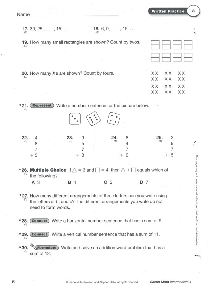 Saxon Math Grade 3 Worksheets Saxon Math Intermediate 4 Written Practice Workbook