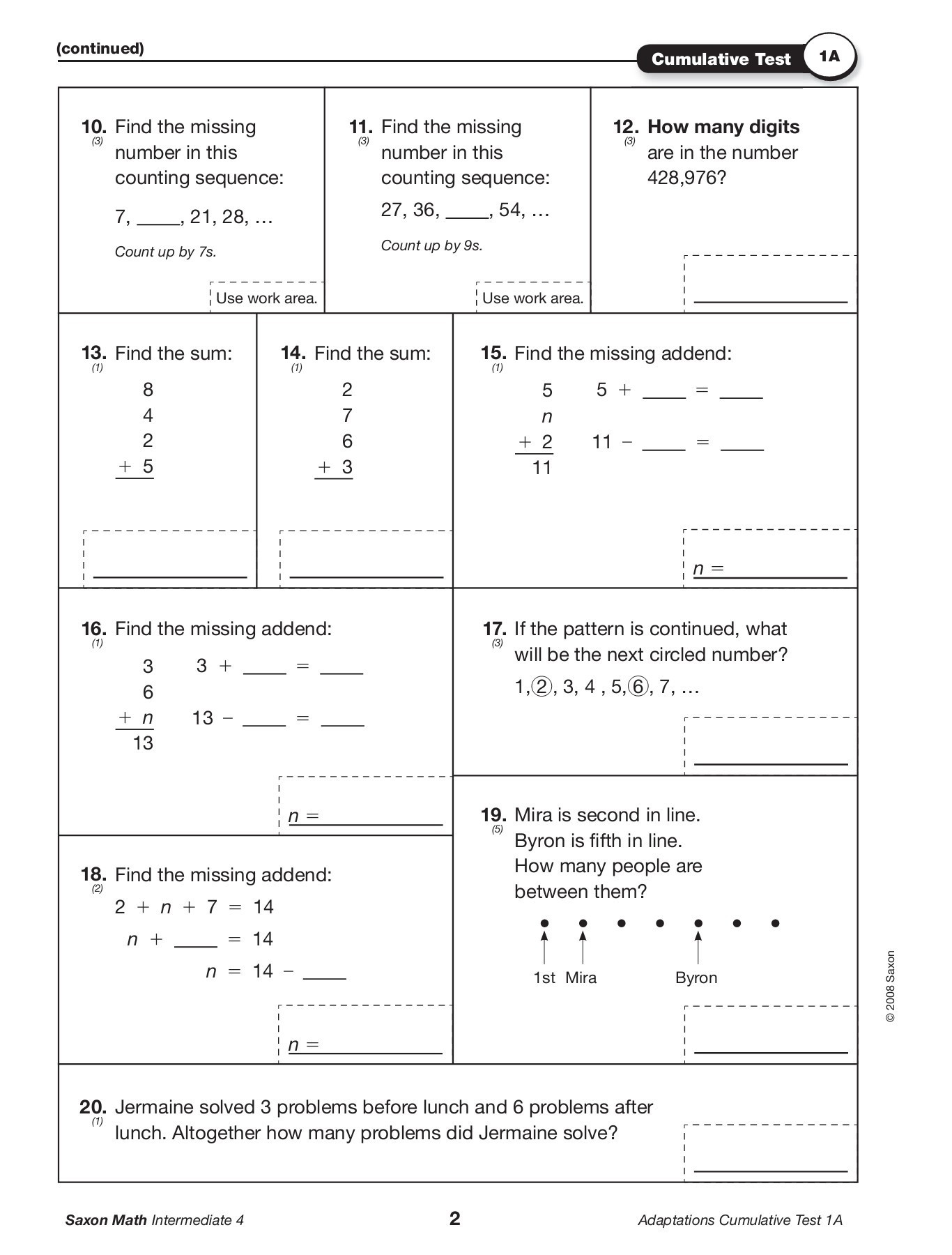 Saxon Math Worksheets 5th Grade Cumulative Test 1a Ketchikan Gateway Borough School