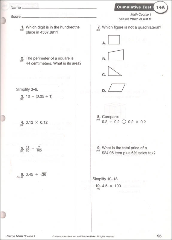 Saxon Math Worksheets 5th Grade Saxon Math Course 1 assessments