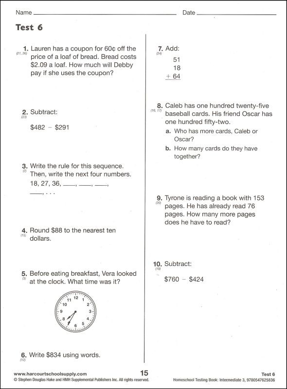 Saxon Math Worksheets 5th Grade Saxon Math Intermediate 3 Homeschool Test Bk