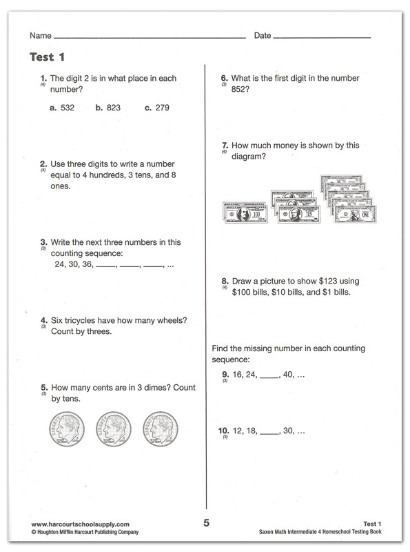 Saxon Math Worksheets 5th Grade Saxon Math Intermediate 4 Homeschool Test Bk
