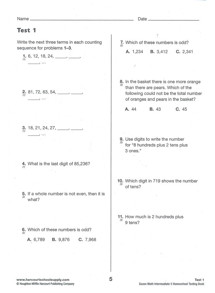 Saxon Math Worksheets 5th Grade Saxon Math Intermediate 5 Homeschool Testing Book