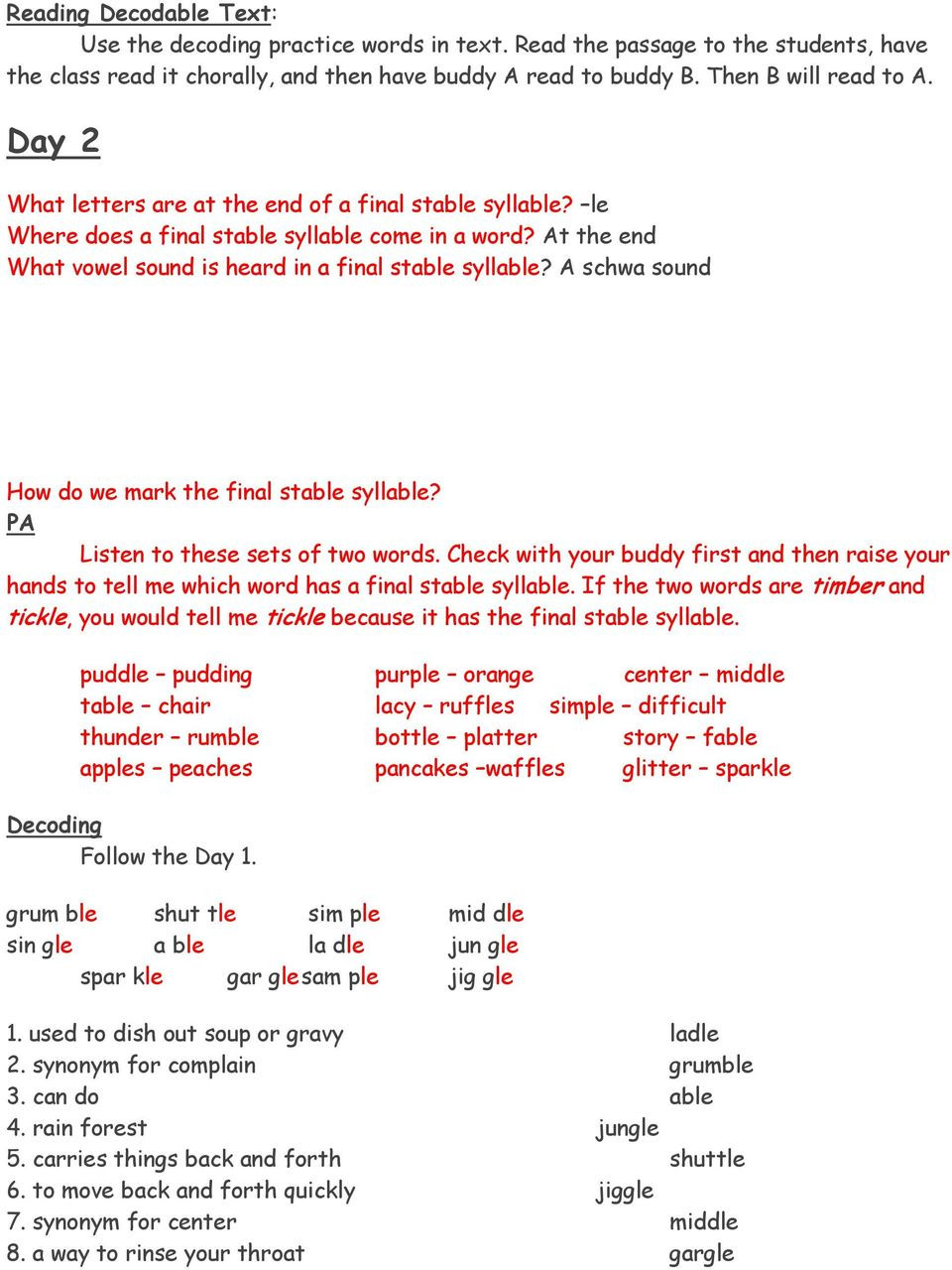Schwa sound Worksheets Grade 2 Final Stable Syllable Le Pdf Free Download
