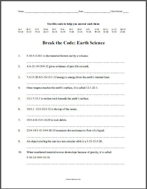 Science 7th Grade Worksheets Earth Science Break the Code Puzzle Free Printable