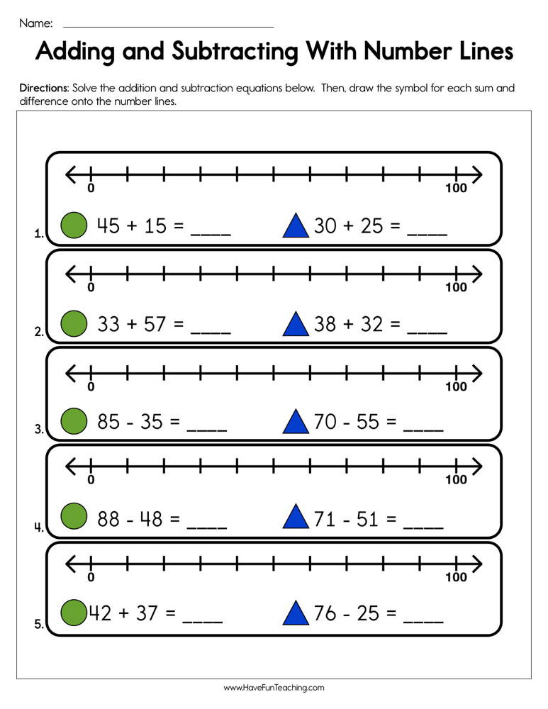 Second Grade Number Line Worksheets Adding and Subtracting with Number Line Worksheet