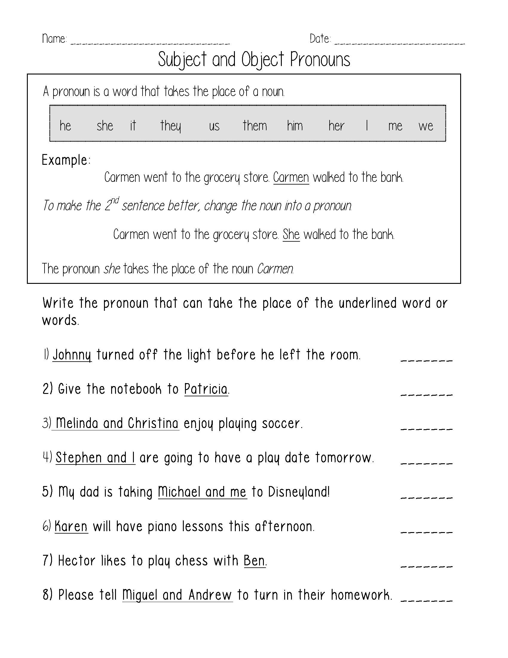 Second Grade Pronoun Worksheets 2nd Grade Esl Worksheet Valid Subject and Object Pronouns
