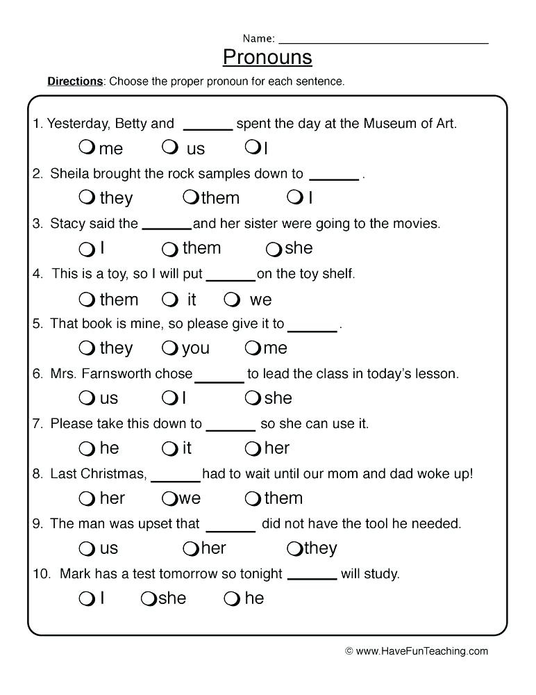 Second Grade Pronouns Worksheet Pronoun Worksheets 1st Grade Similar for Pronoun