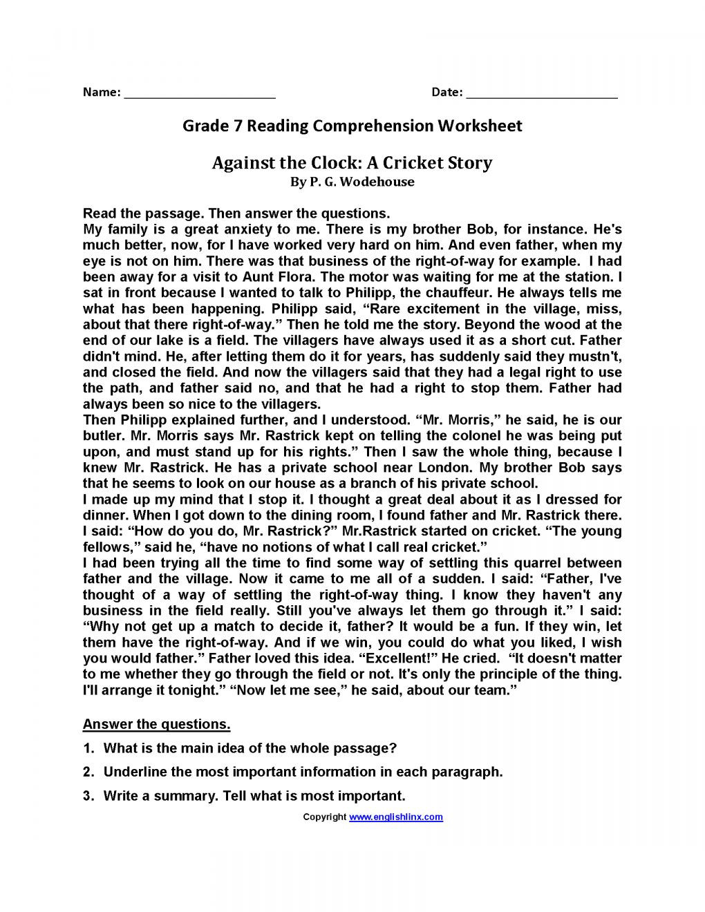 Seventh Grade Reading Comprehension Worksheets 10 Reading Prehension Grade 7 Worksheet