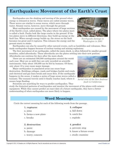 Seventh Grade Reading Comprehension Worksheets Earthquakes