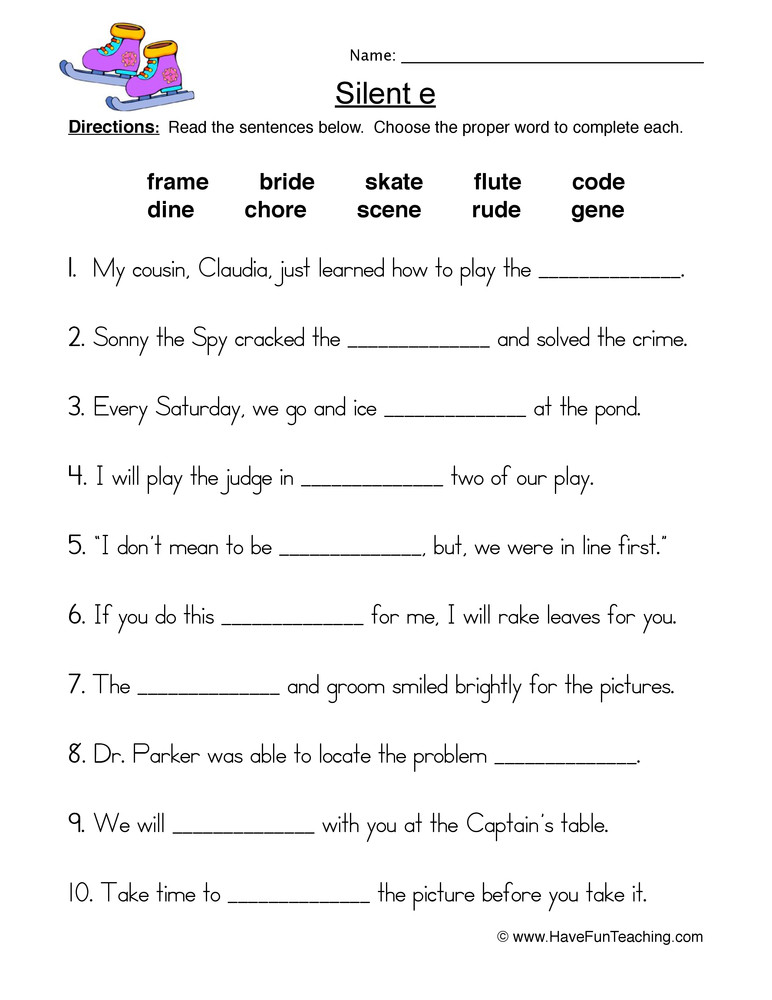 Silent E Worksheets for Kindergarten Silent E Fill In the Blanks Worksheet