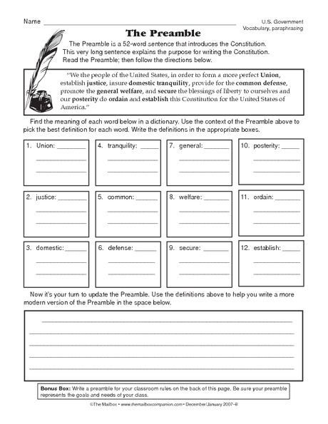 Social Studies Worksheets 7th Grade Analyze the Words Of the Preamble to the Us Constitution