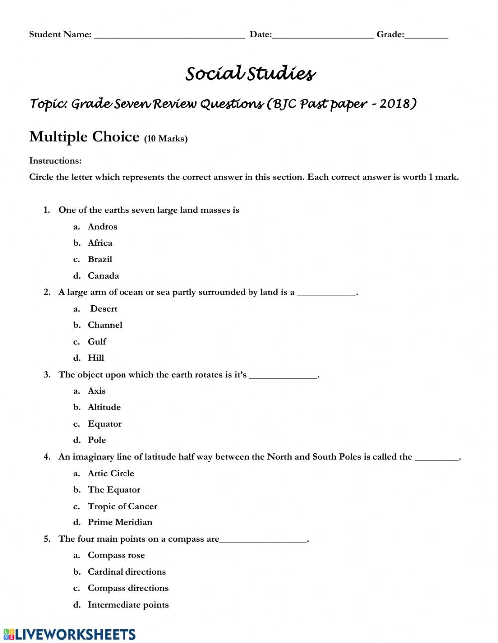 Social Studies Worksheets 7th Grade Bjc Review Multiple Choice Questions Interactive Worksheet