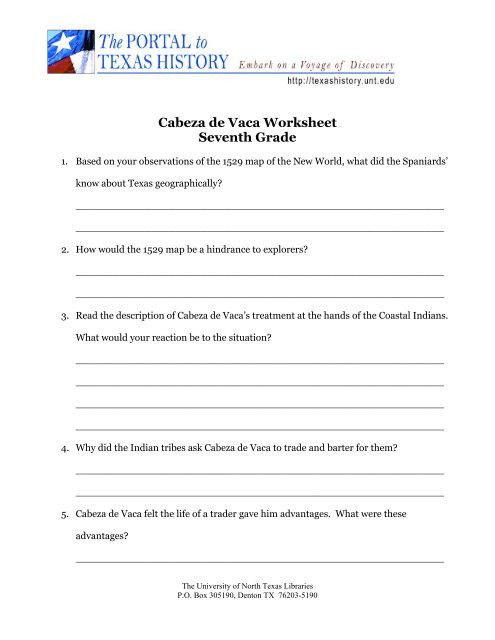 Social Studies Worksheets 7th Grade Cabeza De Vaca Worksheet Seventh Grade University Of north
