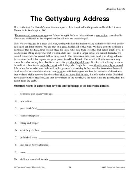 Social Studies Worksheets 7th Grade the Gettysburg Address Worksheet for 5th 6th Grade
