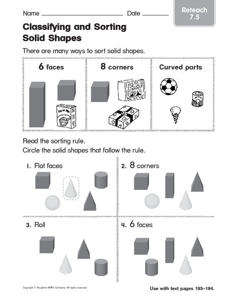 Sorting Shapes Worksheets First Grade Classifying and sorting solids Shapes 3 Worksheet for 1st