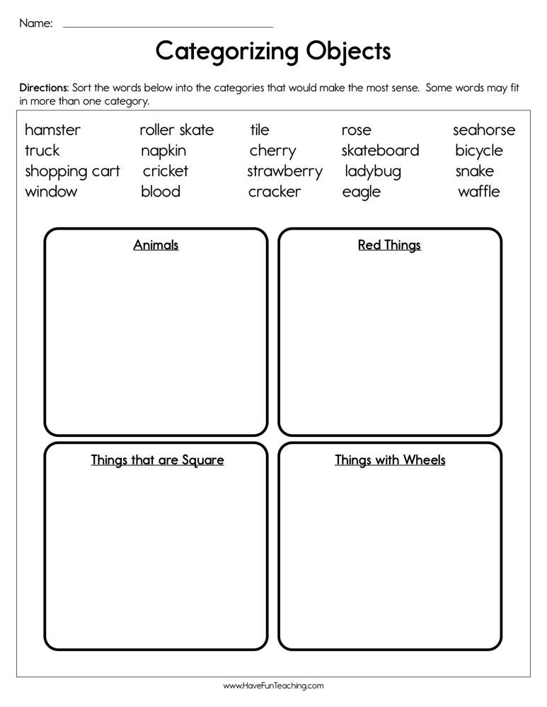 Sorting Worksheets for First Grade Categorizing Objects Worksheet