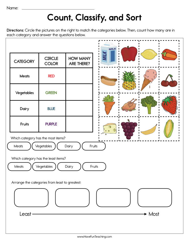 Sorting Worksheets for First Grade Count Classify and sort Worksheet