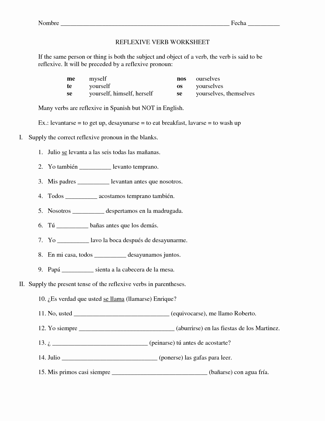 Spanish Reflexive Verbs Worksheet Printable Spanish Vowel Worksheets