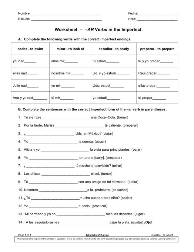 Spanish Verb Conjugation Worksheets Printable Worksheet Ar Verbs In the Imperfect Worksheet for 6th