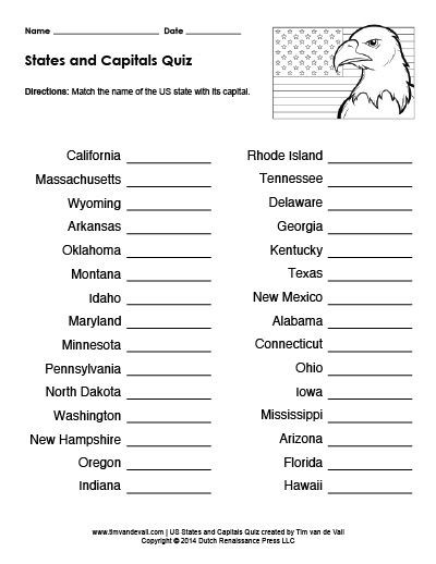 State Capitals Printable Quiz Printable Us States and Capitals Quiz
