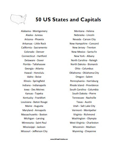 State Capitals Quiz Printable 50 States and Capitals List Free Printable