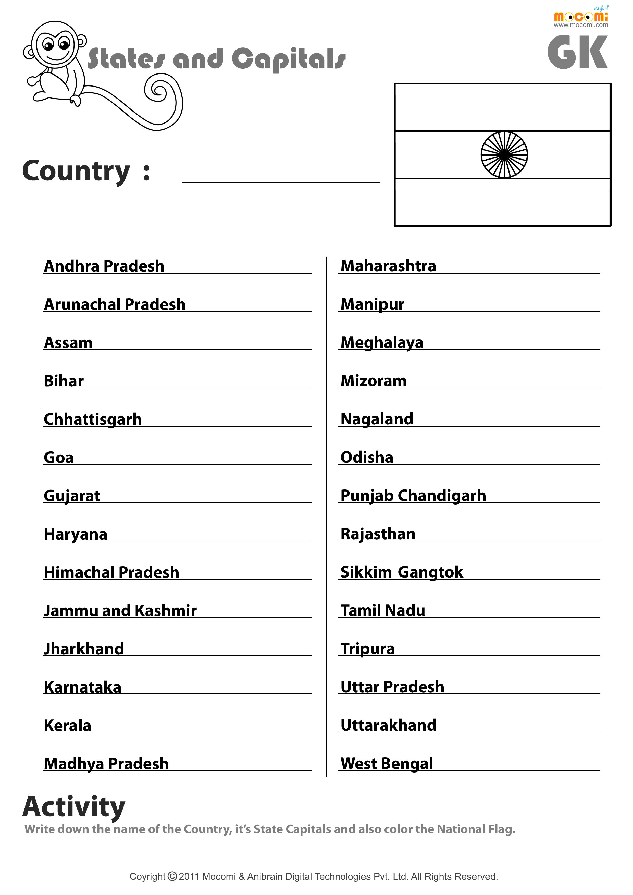 State Capitals Quiz Printable Indian States and their Capitals English Worksheets for
