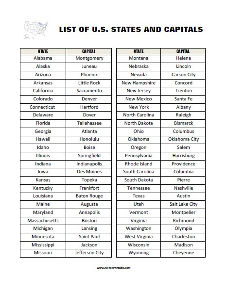 State Capitals Quiz Printable List Us States and Capitals Free Printable
