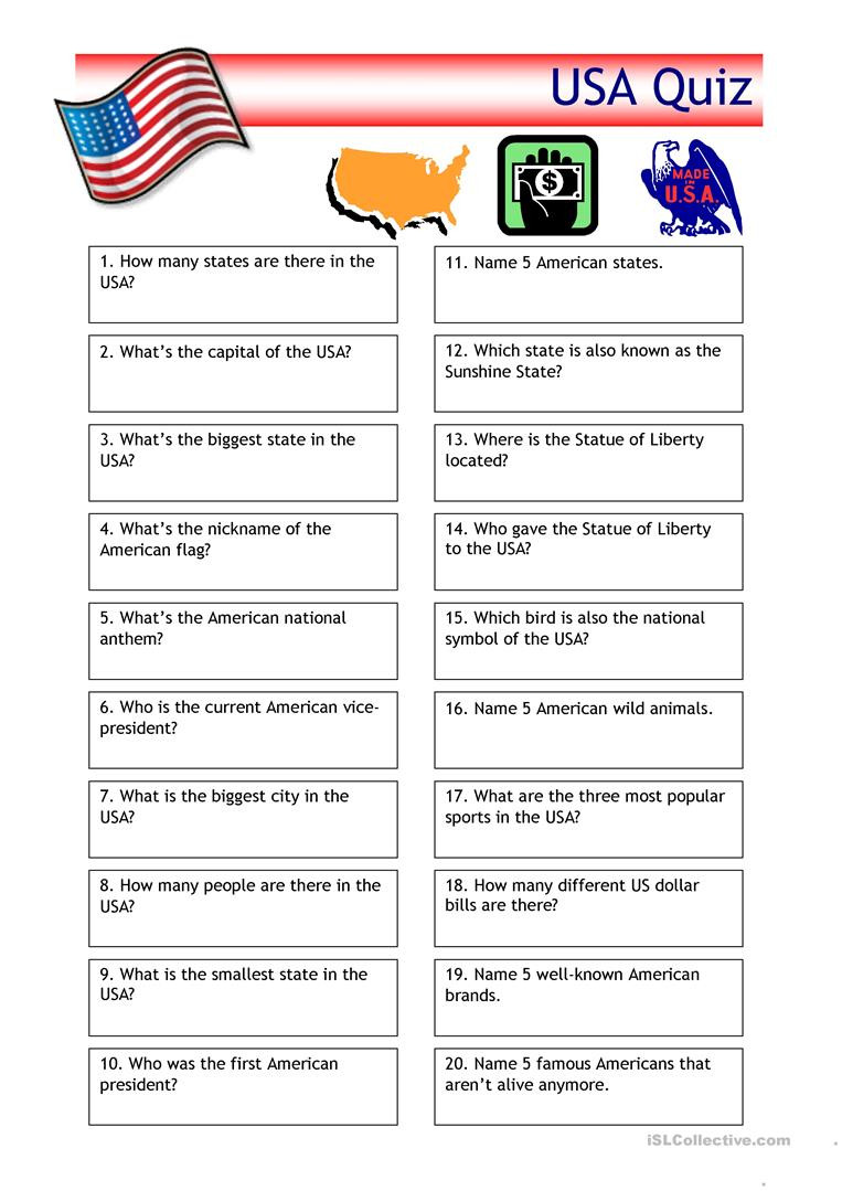 State Quiz Printable Quiz Usa Trivia English Esl Worksheets for Distance