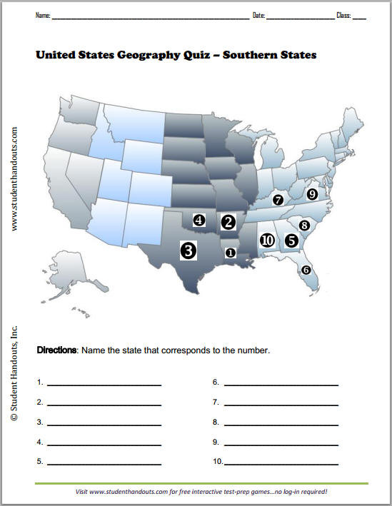 State Quiz Printable southern States Map Quiz Worksheet