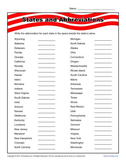 State Quiz Printable States and Abbreviations Worksheet Practice Activity