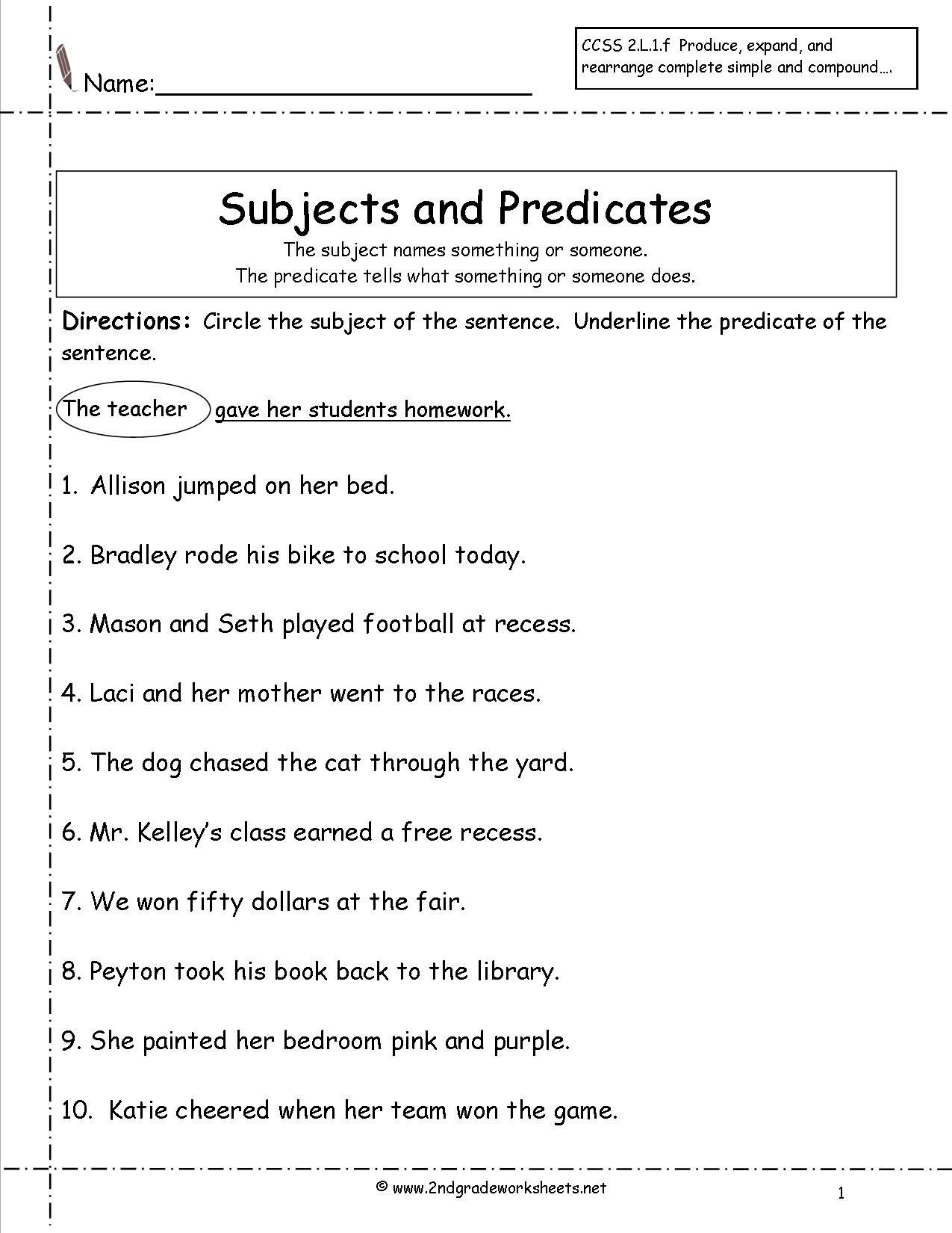 Subject Predicate Worksheet 2nd Grade Subject Predicate Worksheets 2nd Grade Google Search